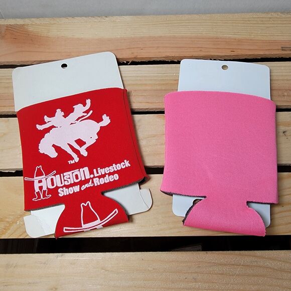 2 Houston Livestock Show & Rodeo Can Koozie Bull Rider Red & Bling Pink - Picture 2 of 3